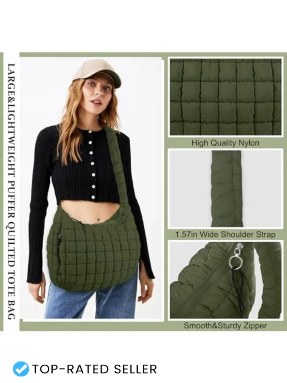 Quilted Puffer Tote Bag - Lightweight Nylon Crossbody Shoulder Hobo